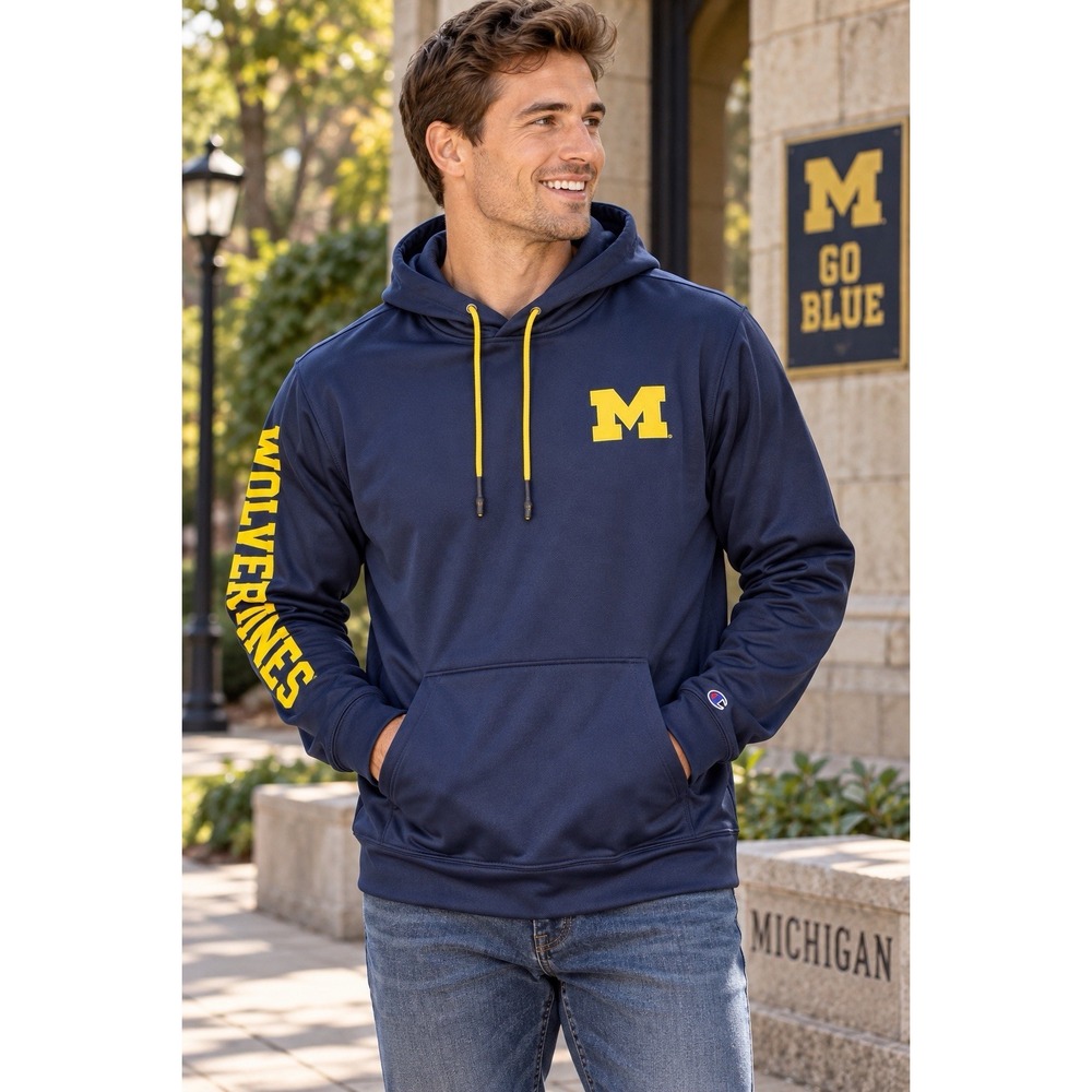 Michigan Wolverines Champion Hoodie Mens L Navy Maize Block M NCAA Pullover
